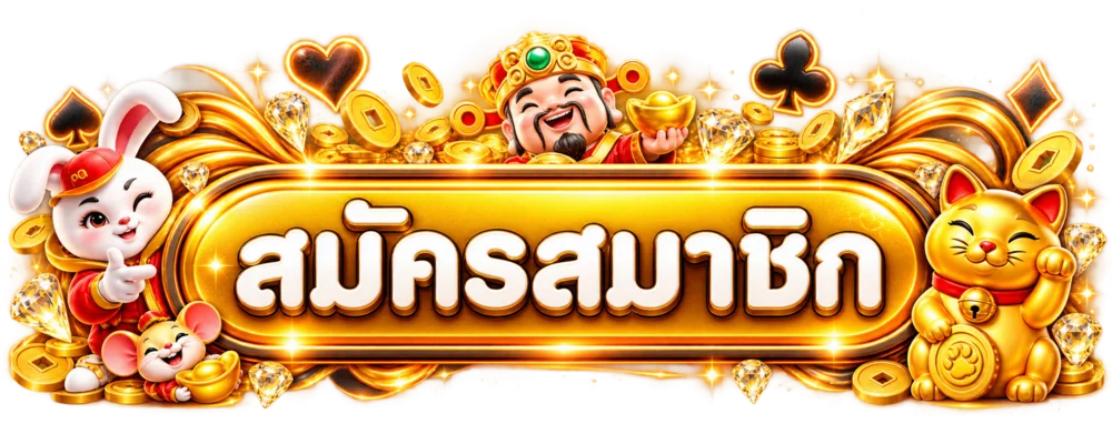 ปุ่มสมัครสมาชิก PLAY8GTS พร้อมมาสคอตเกมสีทอง